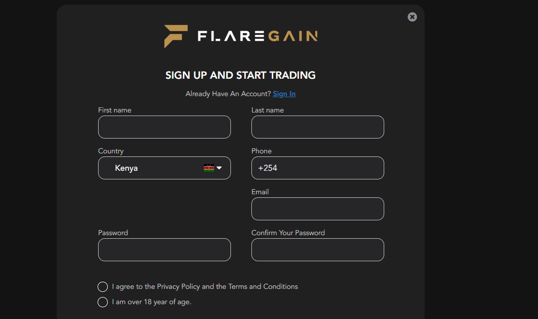 FlareGain Registration Page